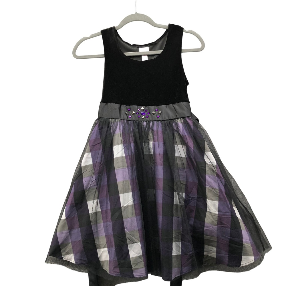 Justice Plaid Tulle Party Dress Girls 12 Black Purple Velvet Holiday Sleeveless